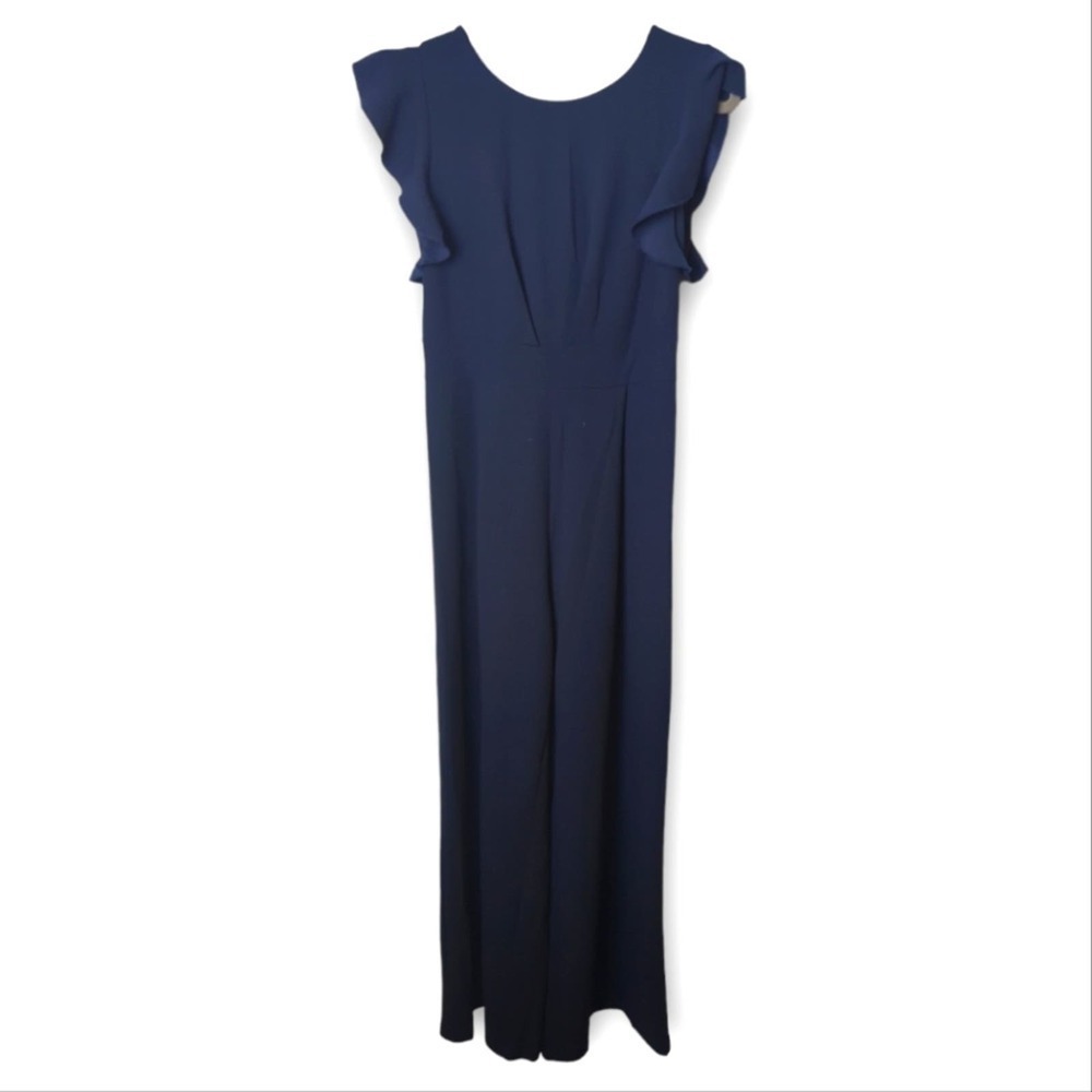 Kailee Ruffle Sleeve Pleated Bodice Navy Blue Wide Leg Jumpsuit Size S